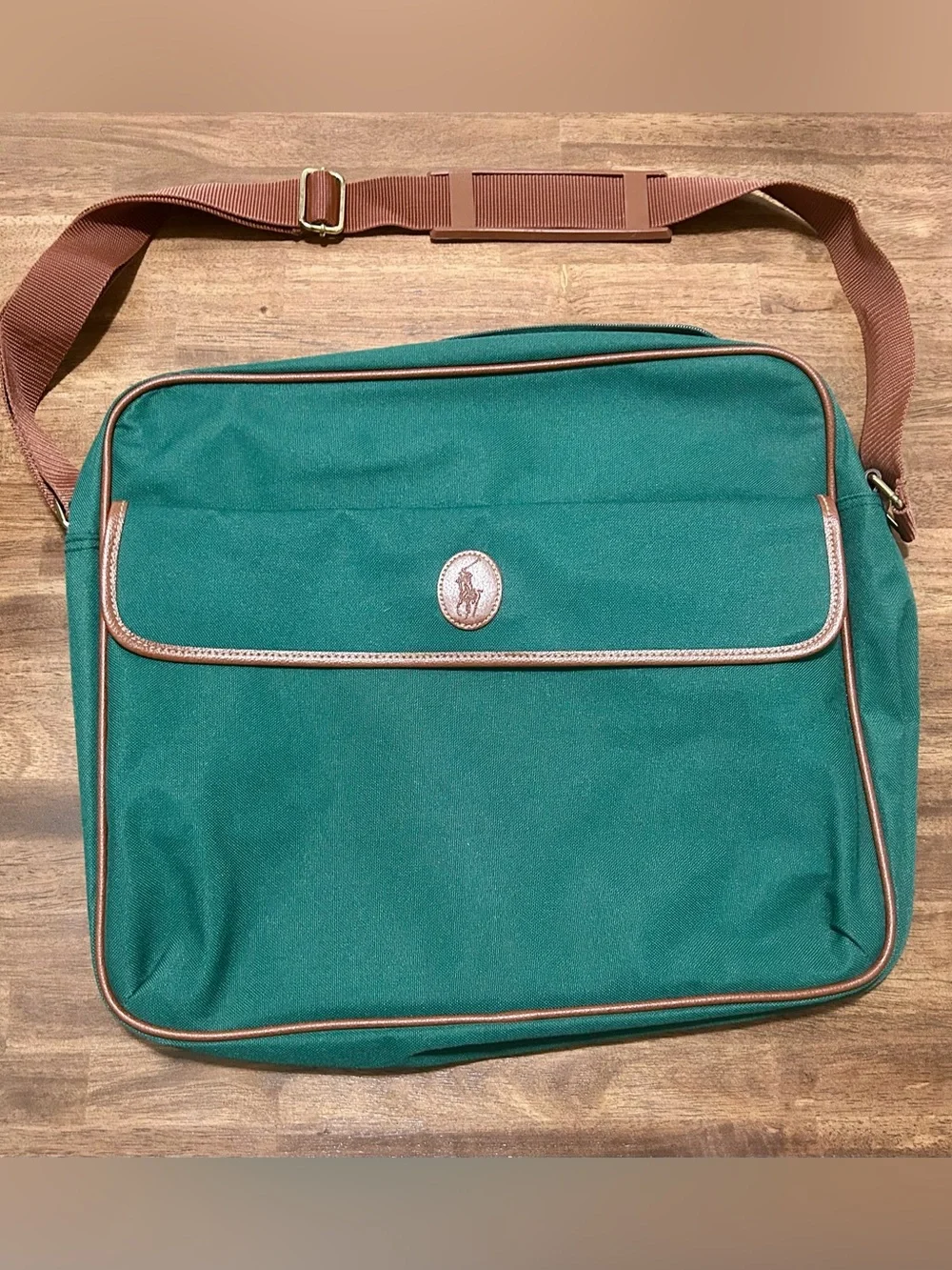 VINTAGE Polo by Ralph Lauren Green Canvas Messenger Bag with Brown Trim